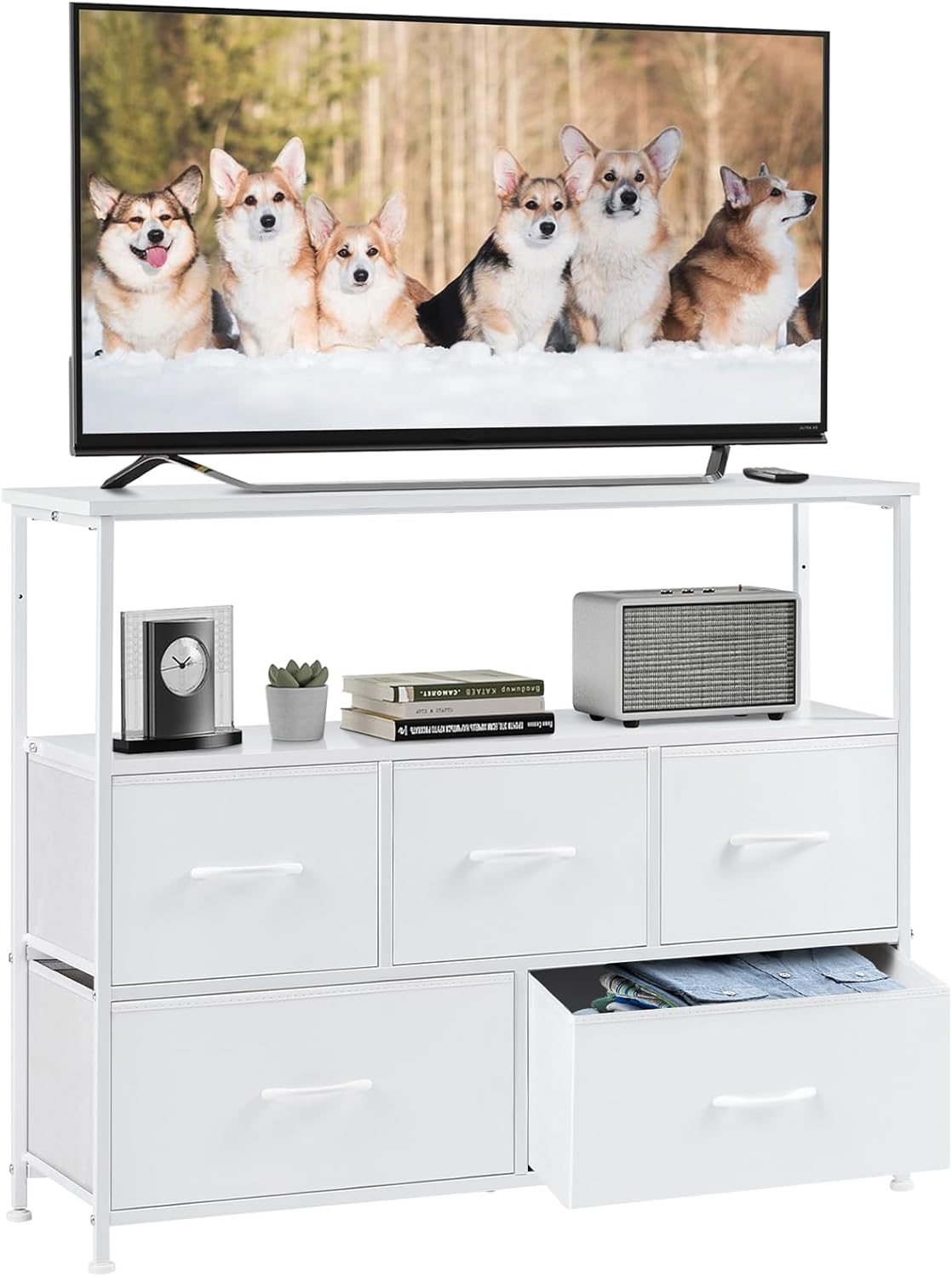 Elevon 5 Fabric Drawer Dresser TV Stand for Bedroom, Entertainment Center for 45 Inch TV with Storage Drawer Unit, Open Shelf, Adjustable Feet, Living Room