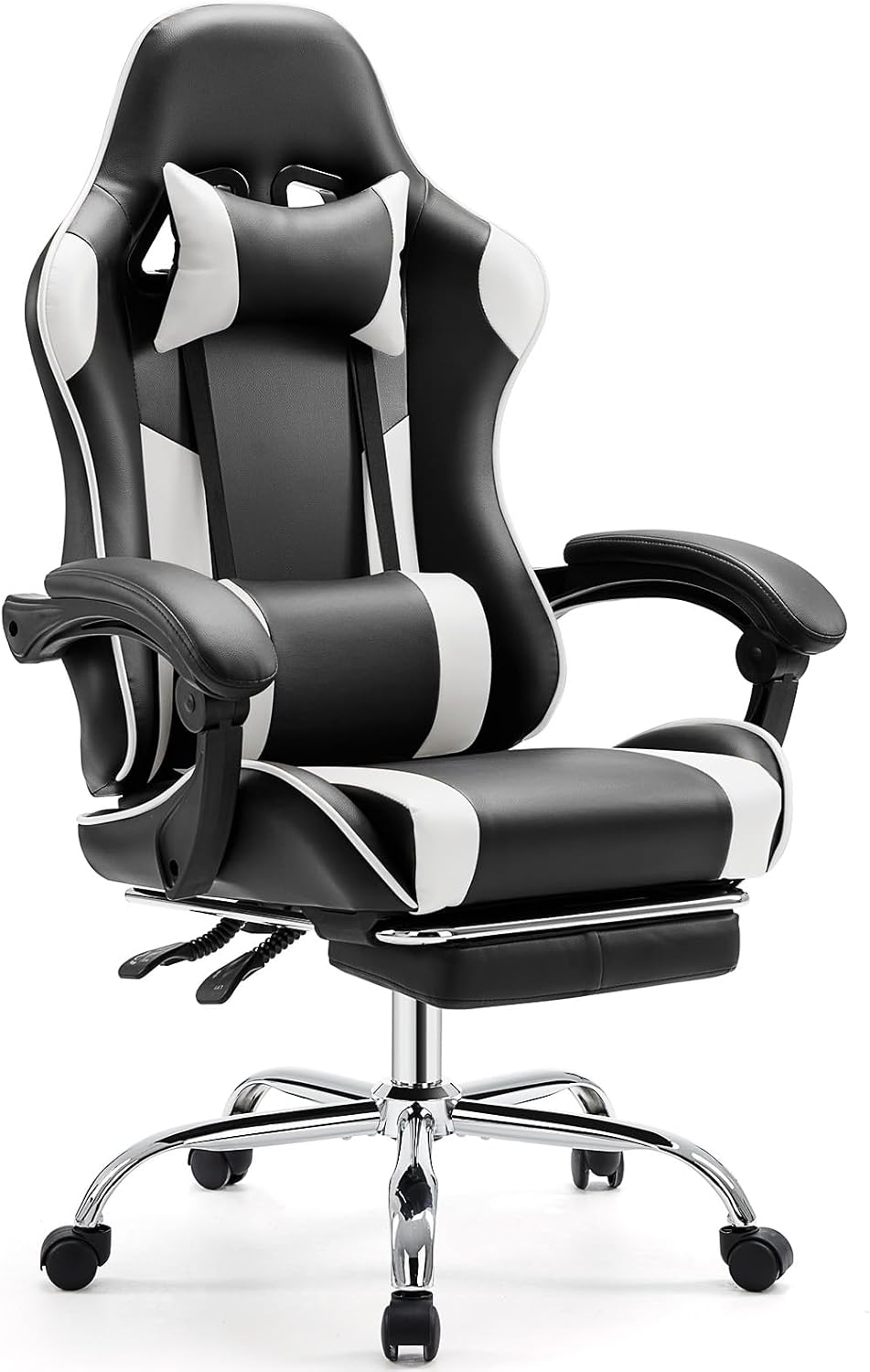Elevon Ergonomic Video Game Computer Chairs with Footrest & Comfortable Lumbar Support,Height Adjustable Reclining Chair in PU Leather with Headrest and Fixed Armrests, 360° Swivel, Black&White