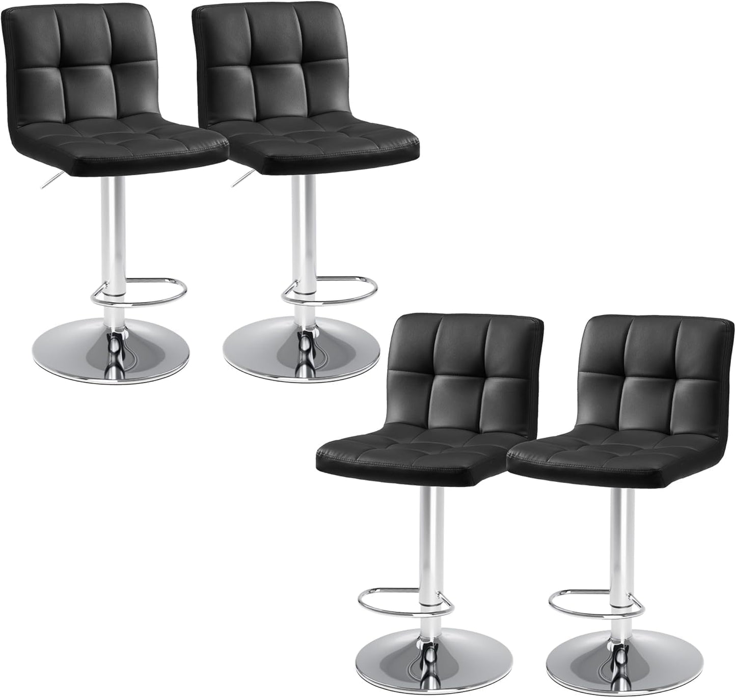 Elevon Bar Stools Set of 4, PU Leather Adjustable Swivel Barstools, Armless Hydraulic Kitchen Counter Height Bar Stools, Thickened Seat Cushion Square Island Barstools with Back