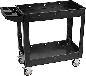 Elevon 2 Shelf 550LBS Heavy Duty Plastic Rolling Tool Cart with 2 Swivel Casters & Brakes, Ergonomic Storage Handle for Warehouse, Garage, Cleaning & Manufacturing - Black