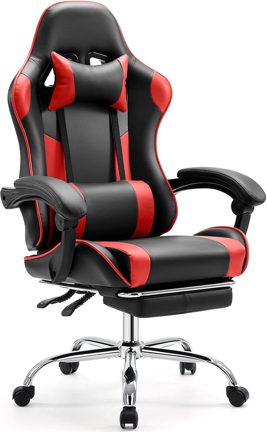 Elevon Ergonomic Video Game Computer Chairs with Footrest & Comfortable Lumbar Support,Height Adjustable Reclining Chair in PU Leather with Headrest and Fixed Armrests, 360° Swivel, Black&Red