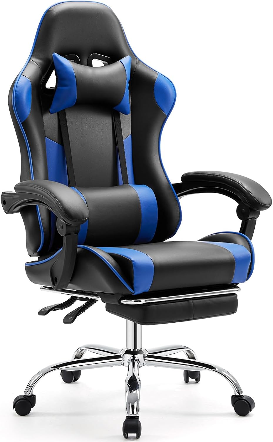 Elevon Ergonomic Video Game Computer Chairs with Footrest & Comfortable Lumbar Support,Height Adjustable Reclining Chair in PU Leather with Headrest and Fixed Armrests, 360° Swivel, Black&Blue