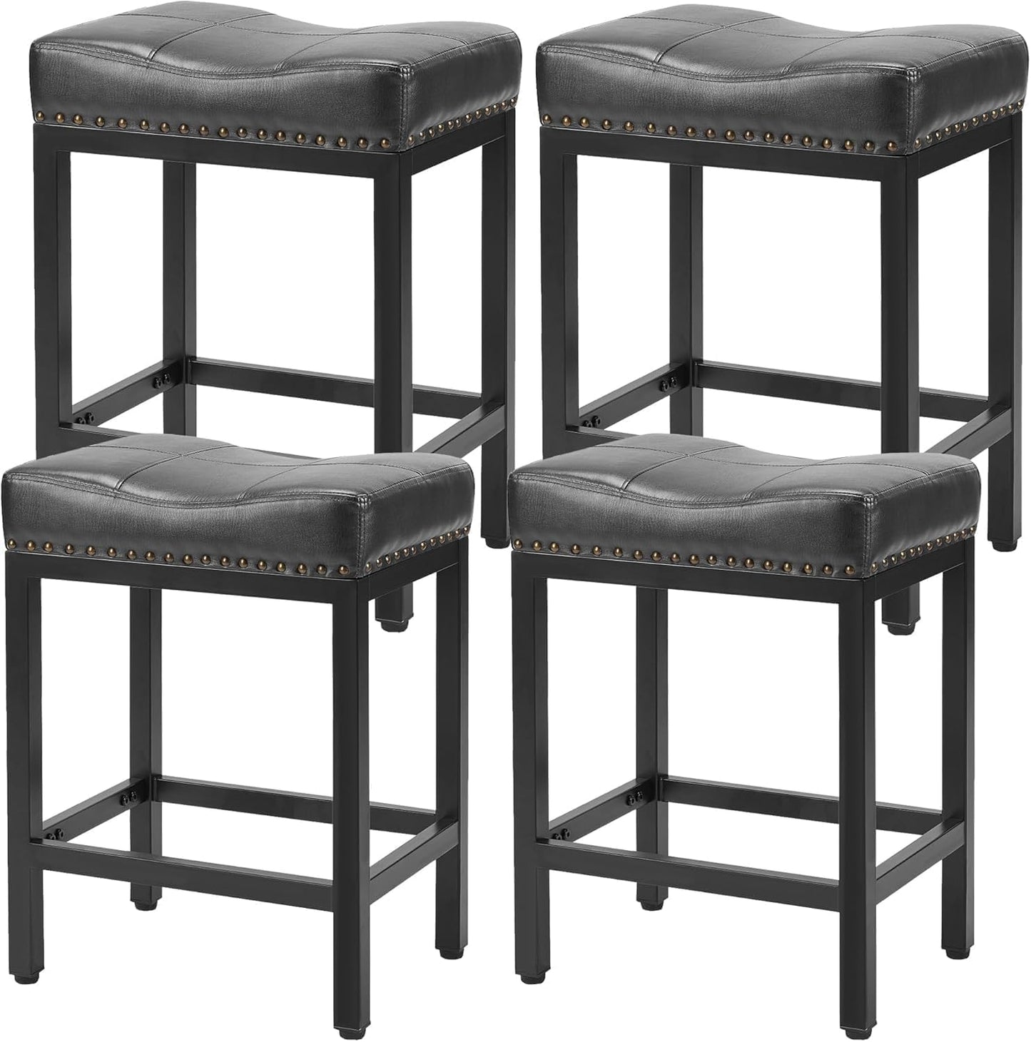 Elevon Bar Stools Set of 4, 24 inch Counter Height Bar Stools, Upholstered Modern Kitchen Barstools with Metal Base, PU Leather Saddle for Kitchen Island, Black