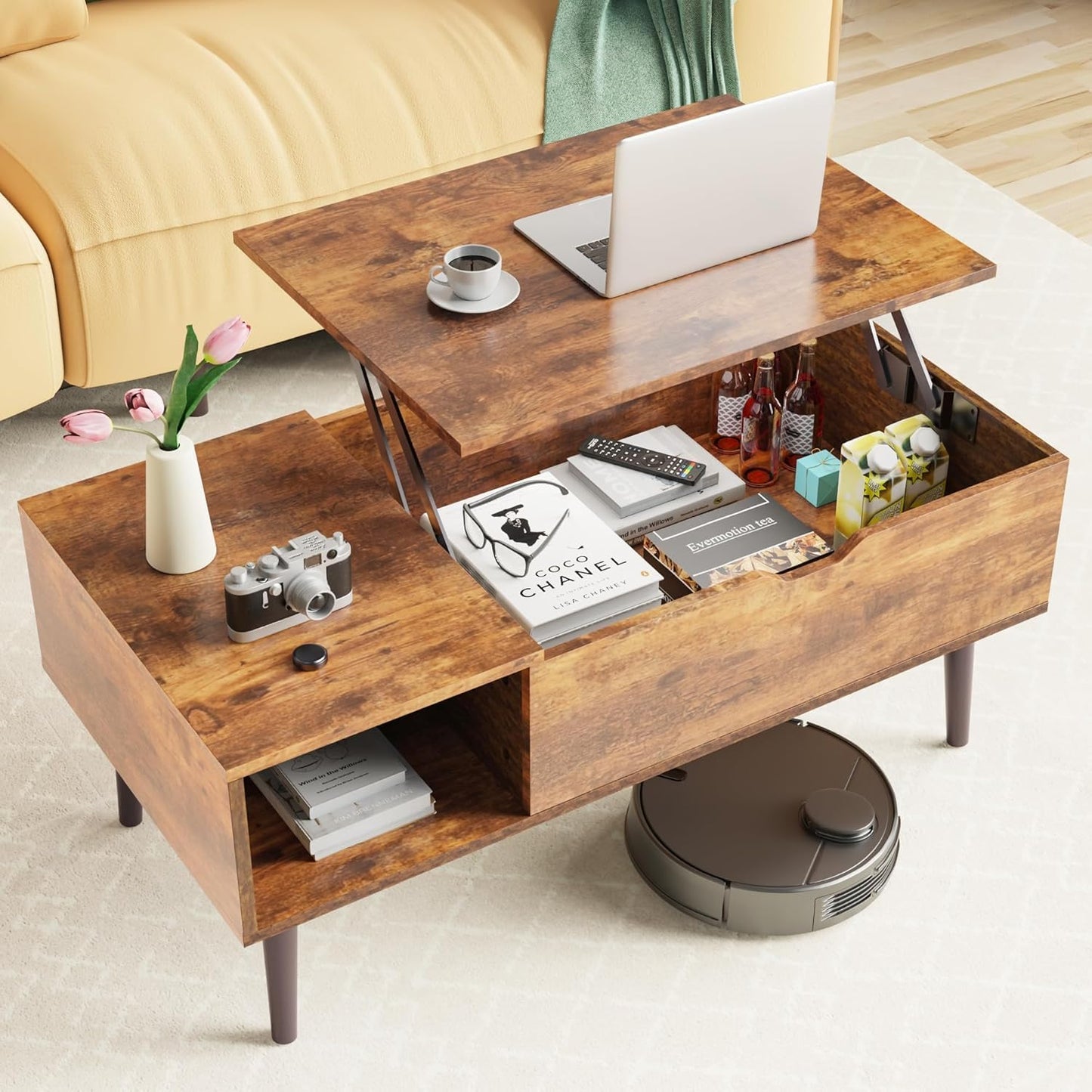 Elevon Coffee Table Rustic Brown, Lift Top Coffee Tables for Living Room, Small Rising Wooden Dining Center Tables with Storage Shelf and Hidden