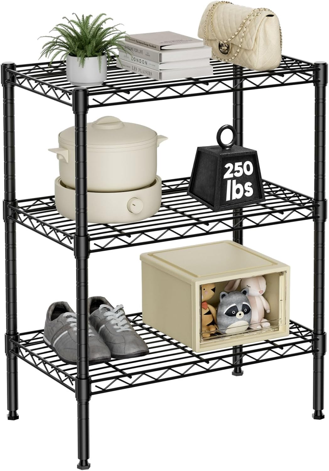 Elevon 3-Shelf Adjustable, Heavy Duty Storage Shelving Unit (250 lbs Loading Capacity per Shelf), Steel Organizer Wire Rack, Black (23.6" L x 13.8" W x 30" H)
