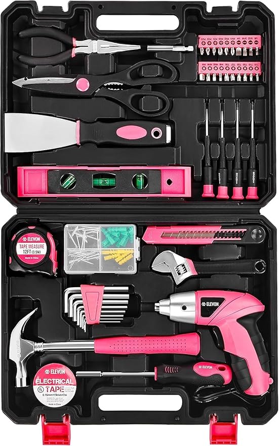 Elevon 105-Pieces Drill Set, Tool Set with LED Cordless Drill Hand Repair Tools Sets, Combo Kits with Storage Box, Precision Screwdriver Set for Men & Women, Pink