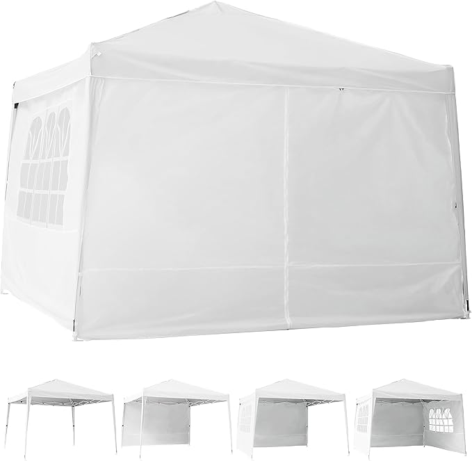 Elevon 10'x10' Pop Up Canopy with Sidewalls Adjustable Leg Heights with Wheeled Carrying Bag, Stakes, Rope and 4X Weighted Sand Bags, White with Sidewalls