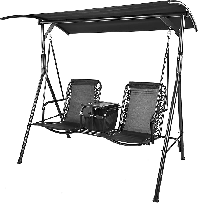 2 Seat Outdoor Patio Swing with Adjustable Canopy, Pivot Storage Table, Cup Holder and Sturdy Steel Frame for Backyard, Garden, Porch, Black