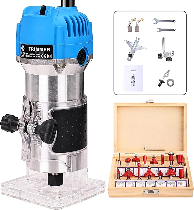 Elevon Wood Router, Laminate Milling Engraving Hand Machine Joiner Tool Electric Trimmer, 800W 110V Compact Palm Router, Woodworking Tools for Woodworking, Edge Guide and Roller Guide, 26PCS