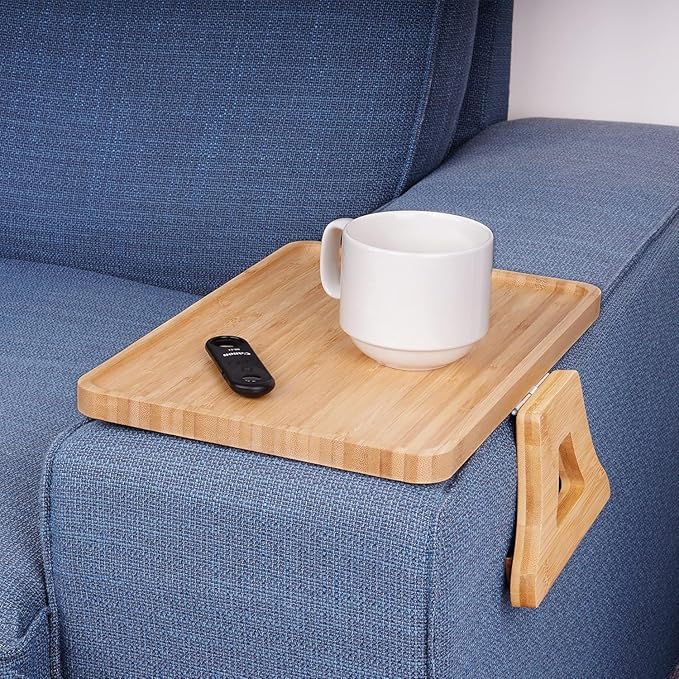 Elevon Couch Arm Tray, Sofa Armrest Table Portable Clip-On Folding Tray, Small Space Friendly Sofa Side Table for Eating, Drinking, Working, Remote Storage, Natural