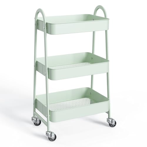 Elevon 3 Tier Small Rolling Cart, Metal Utility Storage Organizer Kitchen Trolley Bathroom Laundry Room Bar Office Shelves Mobile Shelving Unit with Caster Wheels for Snack Bedside Narrow Places