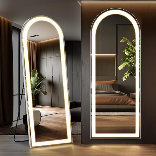 Elevon Full Length Mirror with LED Lights, 71"x26" Floor Mirror with Dimming &amp; 3 Color Lighting, Led Mirrors Full Length with Stand for Bedroom, Dressing Room, Arched