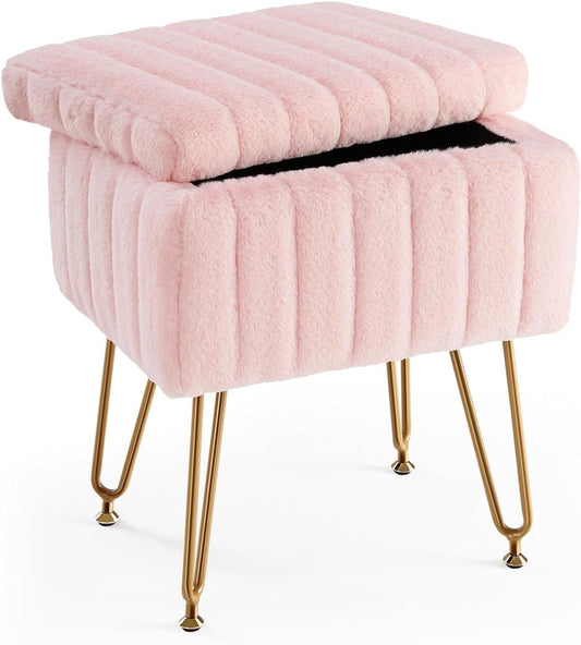 Elevon Vanity Stool Chair with Storage, Ottoman Faux Fur Soft Padded Makeup Footstools Seat with 4 Metal Legs