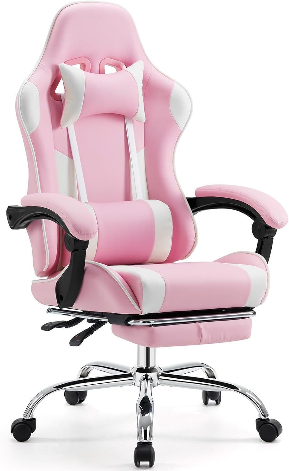 Elevon Ergonomic Video Game Computer Chairs with Footrest & Comfortable Lumbar Support,Height Adjustable Reclining Chair in PU Leather with Headrest and Fixed Armrests, 360° Swivel, White&Pink