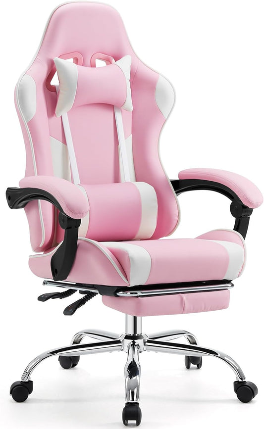 Elevon Ergonomic Video Game Computer Chairs with Footrest & Comfortable Lumbar Support,Height Adjustable Reclining Chair in PU Leather with Headrest and Fixed Armrests, 360° Swivel, White&Pink