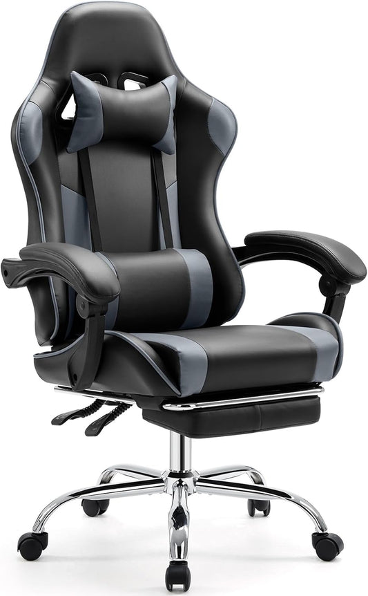 Elevon Ergonomic Video Game Computer Chairs with Footrest & Comfortable Lumbar Support,Height Adjustable Reclining Chair in PU Leather with Headrest and Fixed Armrests, 360° Swivel, Black&Grey