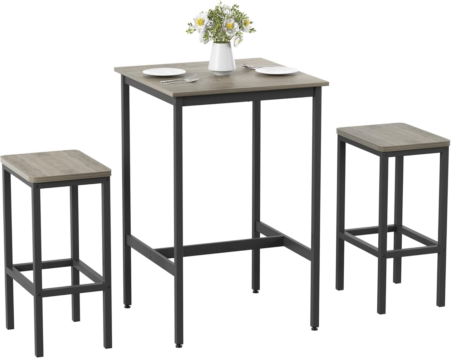 Elevon Dining Table Set for 2, Square Bar Table with 2 Bar Stools, Industrial for Kitchen High Table and Chairs Set with Metal Frame for Small Space, Dining Room, Apartment, Gray