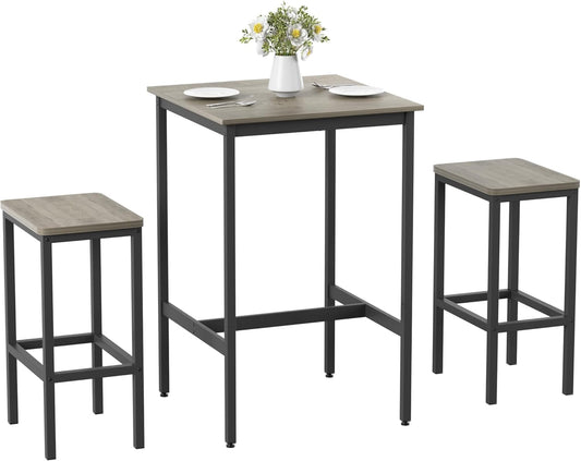 Elevon Dining Table Set for 2, Square Bar Table with 2 Bar Stools, Industrial for Kitchen High Table and Chairs Set with Metal Frame for Small Space, Dining Room, Apartment, Gray