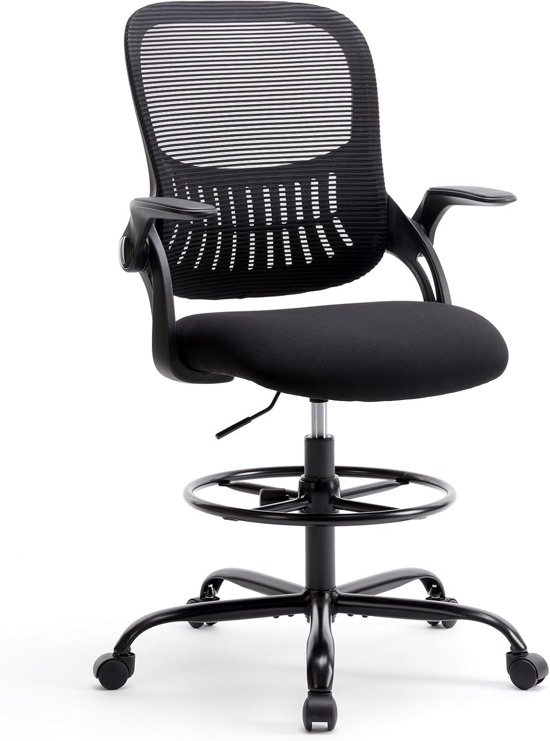 Elevon Tall Drafting Desk Chair - Ergonomic High Stool Computer with Adjustable Height and Comfy Lumbar Support, Office Rolling Counter for Standing Desk with Flip-up Arm and Footrest