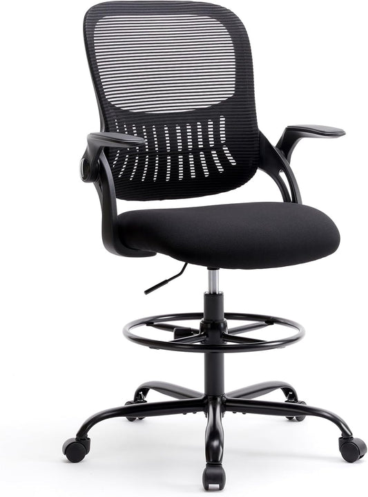 Elevon Tall Drafting Desk Chair - Ergonomic High Stool Computer with Adjustable Height and Comfy Lumbar Support, Office Rolling Counter for Standing Desk with Flip-up Arm and Footrest