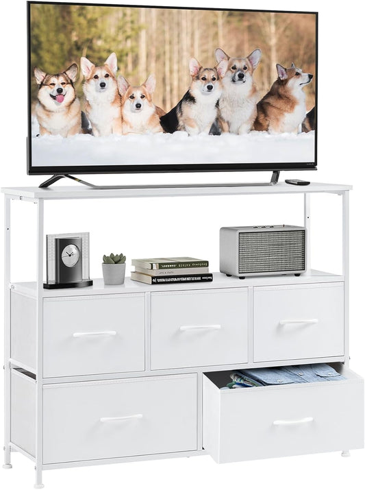 Elevon 5 Fabric Drawer Dresser TV Stand for Bedroom, Entertainment Center for 45 Inch TV with Storage Drawer Unit, Open Shelf, Adjustable Feet, Living Room