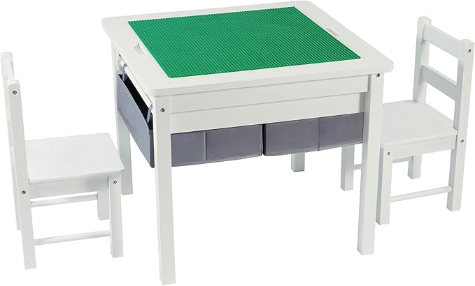 Elevon 2 in 1 Construction Play Table & 2 Chairs Set, Wooden Building Desk w/Storage Drawers, Play Table Built in Plate Compatible with Bricks, for Building Block, Gaming, Drawing, Crafts