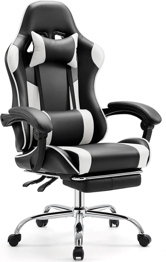 Elevon Ergonomic Video Game Computer Chairs with Footrest & Comfortable Lumbar Support,Height Adjustable Reclining Chair in PU Leather with Headrest and Fixed Armrests, 360° Swivel, Black&White