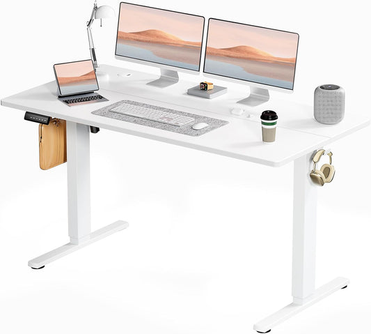 Elevon Electric Adjustable Height Standing Desk - 55 x 24 inch Sit to Stand Up Desk with Splice Board, Rising Home Office Computer Table with 2 Hook and Wire Hole for Work