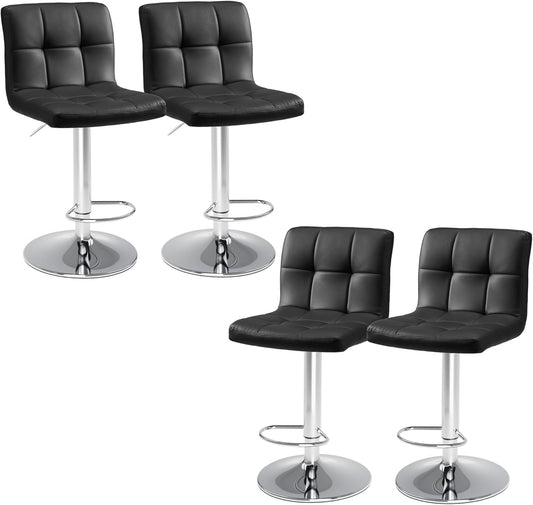 Elevon Bar Stools Set of 4, PU Leather Adjustable Swivel Barstools, Armless Hydraulic Kitchen Counter Height Bar Stools, Thickened Seat Cushion Square Island Barstools with Back