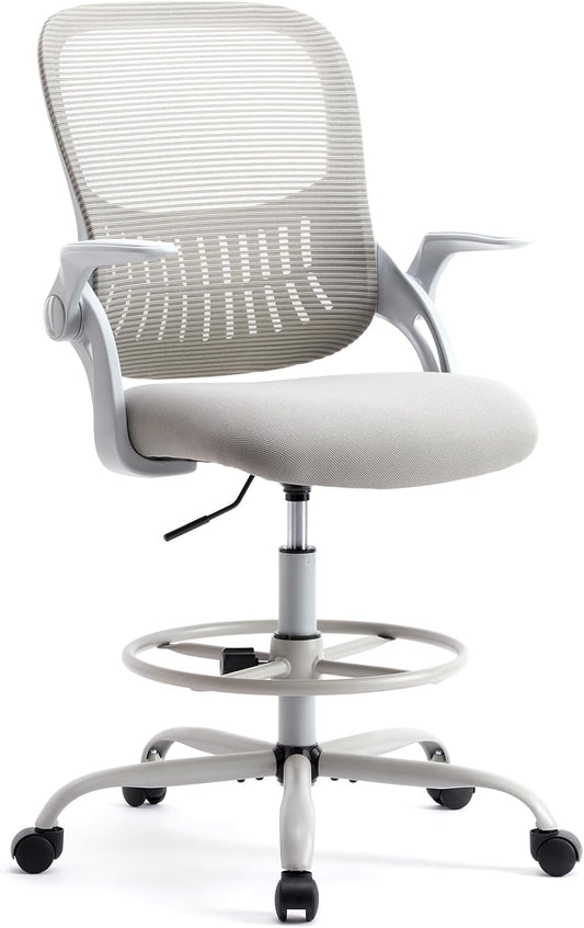 Elevon Tall Drafting Desk Chair - Ergonomic High Stool Computer with Adjustable Height and Comfy Lumbar Support, Office Rolling Counter for Standing Desk with Flip-up Arm and Footrest