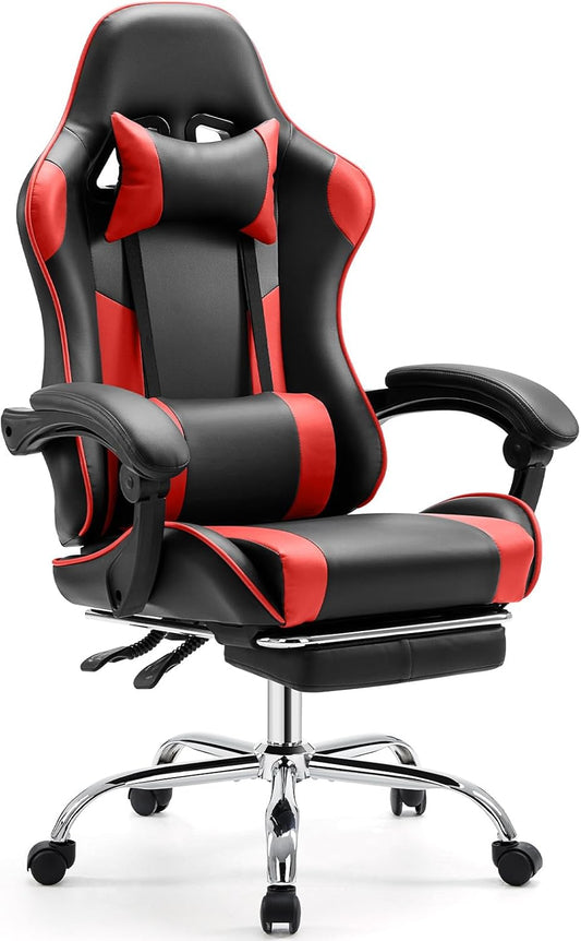 Elevon Ergonomic Video Game Computer Chairs with Footrest & Comfortable Lumbar Support,Height Adjustable Reclining Chair in PU Leather with Headrest and Fixed Armrests, 360° Swivel, Black&Red