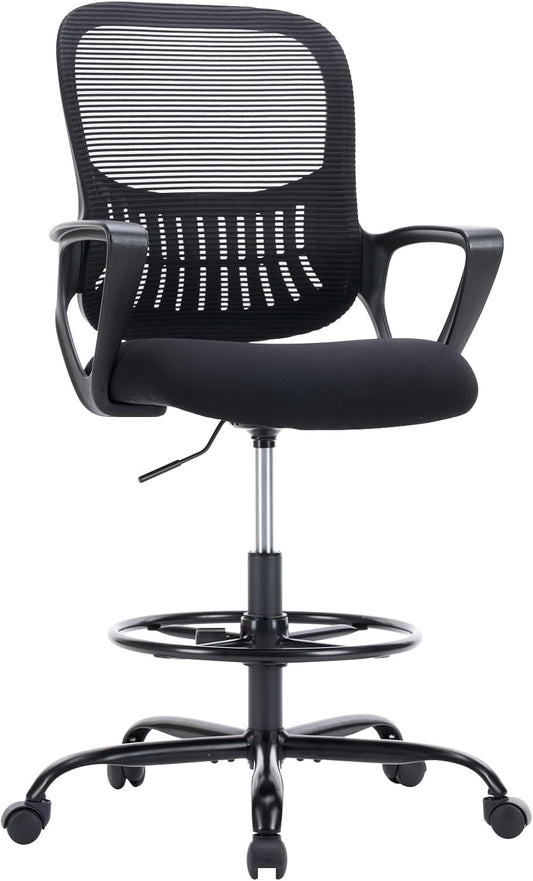 Elevon Tall Drafting Desk Chair - Ergonomic High Stool Computer with Adjustable Height and Comfy Lumbar Support, Office Rolling Counter for Standing Desk with Flip-up Arm and Footrest