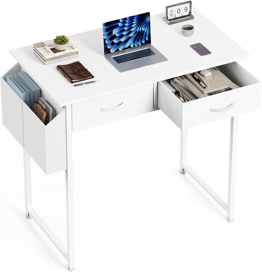 Elevon Small Computer Desk 32 Inch with 2 Fabric Storage Drawer Space Side Pockets Headphone Hook Adjustable Legs Metal Frame Modern Minimalist Style Home Office Bedroom Writing Study PC Table, White