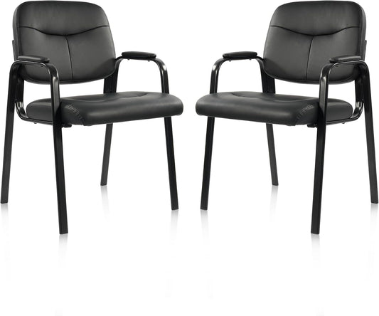 Elevon Waiting Room Chairs No Wheels Set of 2, Leather Stationary Office Reception Guest Chair with Padded Arms for Elderly Desk Conference Room Lobby Table Side Salon