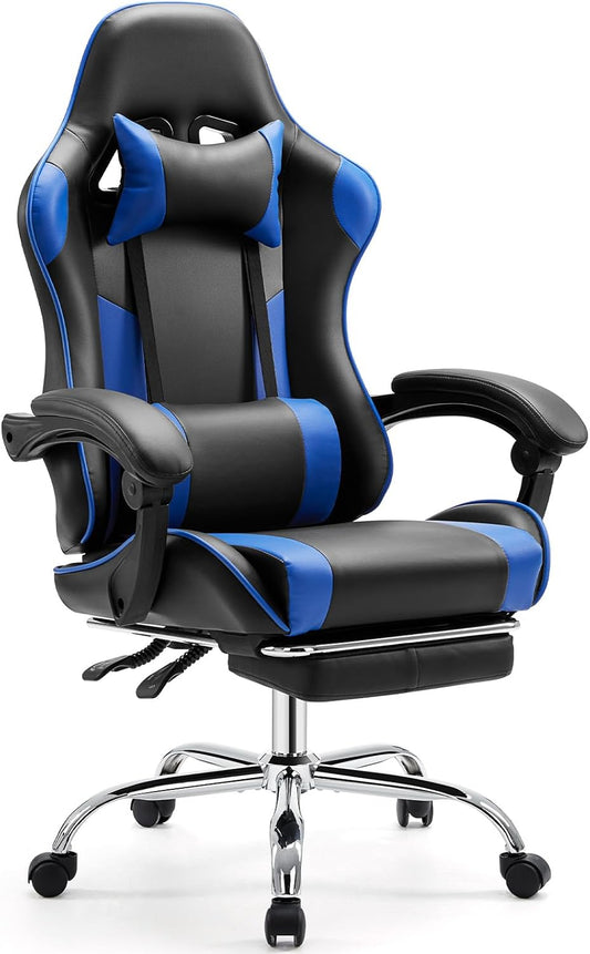 Elevon Ergonomic Video Game Computer Chairs with Footrest & Comfortable Lumbar Support,Height Adjustable Reclining Chair in PU Leather with Headrest and Fixed Armrests, 360° Swivel, Black&Blue