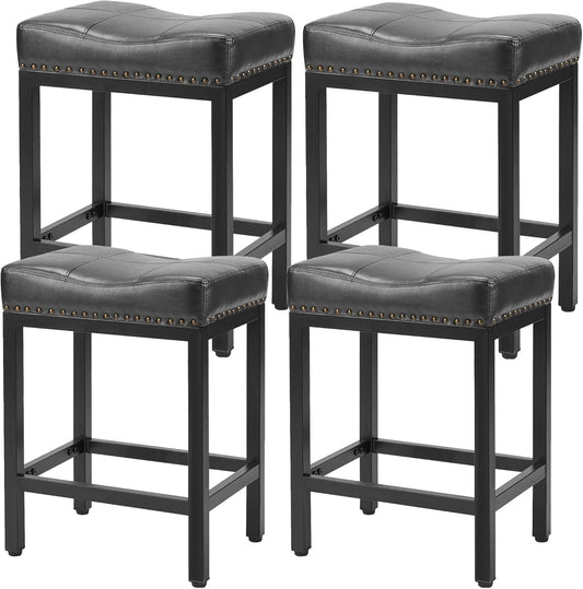 Elevon Bar Stools Set of 4, 24 inch Counter Height Bar Stools, Upholstered Modern Kitchen Barstools with Metal Base, PU Leather Saddle for Kitchen Island, Black