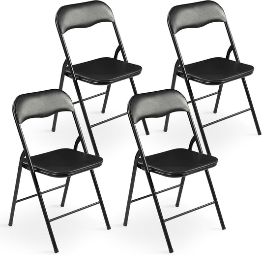 Elevon Folding Chairs 4 Pack, Padded Vinyl Cushion Chairs with Sturdy Metal Frame for for Home and Office, for Indoor and Outdoor Events, 300lb Capacity, Black
