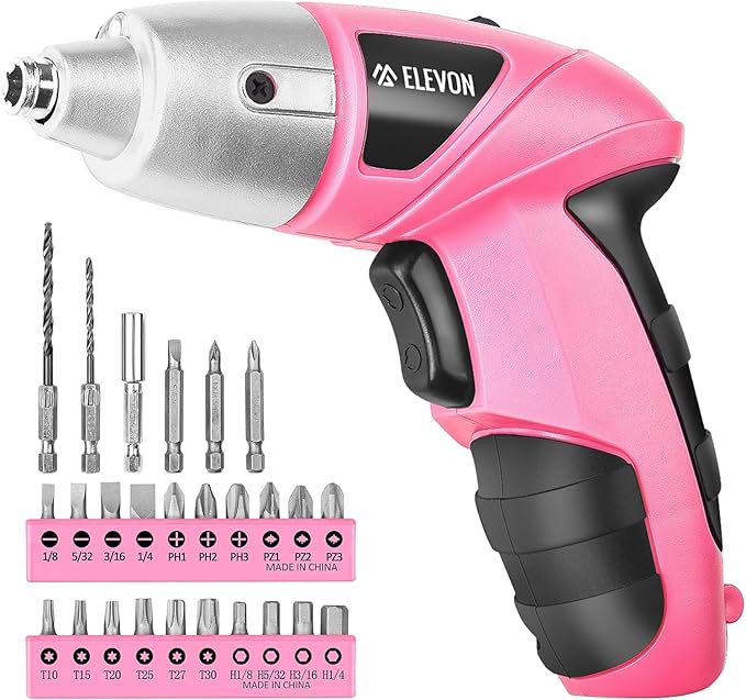 Elevon 27-Pieces Drill Set, LED Cordless Hand Drill Screw Gun with Drill Kit, for Men & Women, Pink