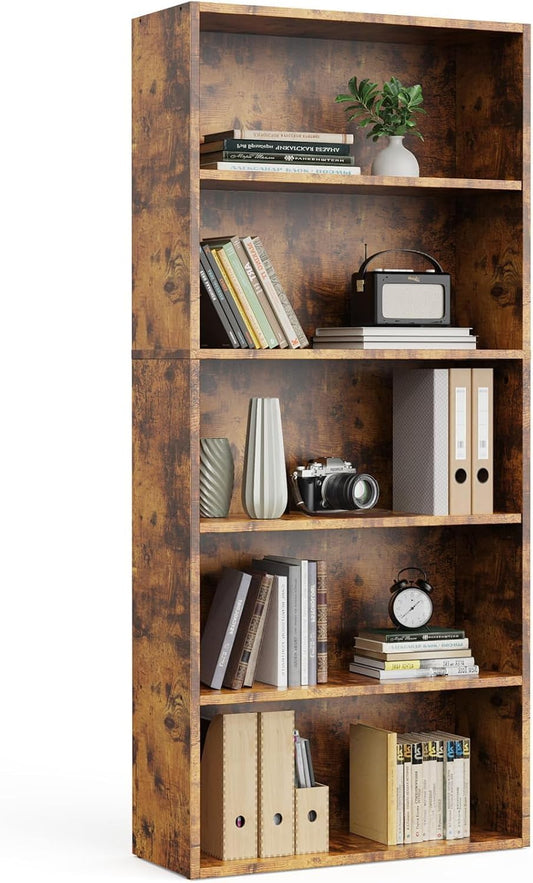 Elevon Bookshelf, 23.8 Inches Wide Bookshelves, 5 Tier Open Wood Bookcase Floor Standing with Adjustable Storage Shelves for Living Room, Office, Narrow Space, Rustic Brown
