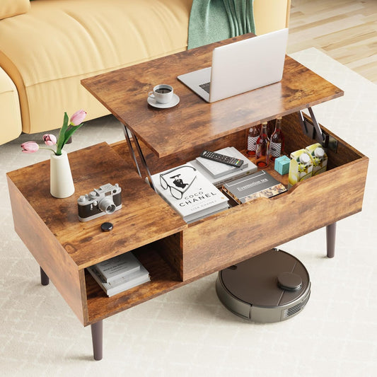 Elevon Coffee Table Rustic Brown, Lift Top Coffee Tables for Living Room, Small Rising Wooden Dining Center Tables with Storage Shelf and Hidden