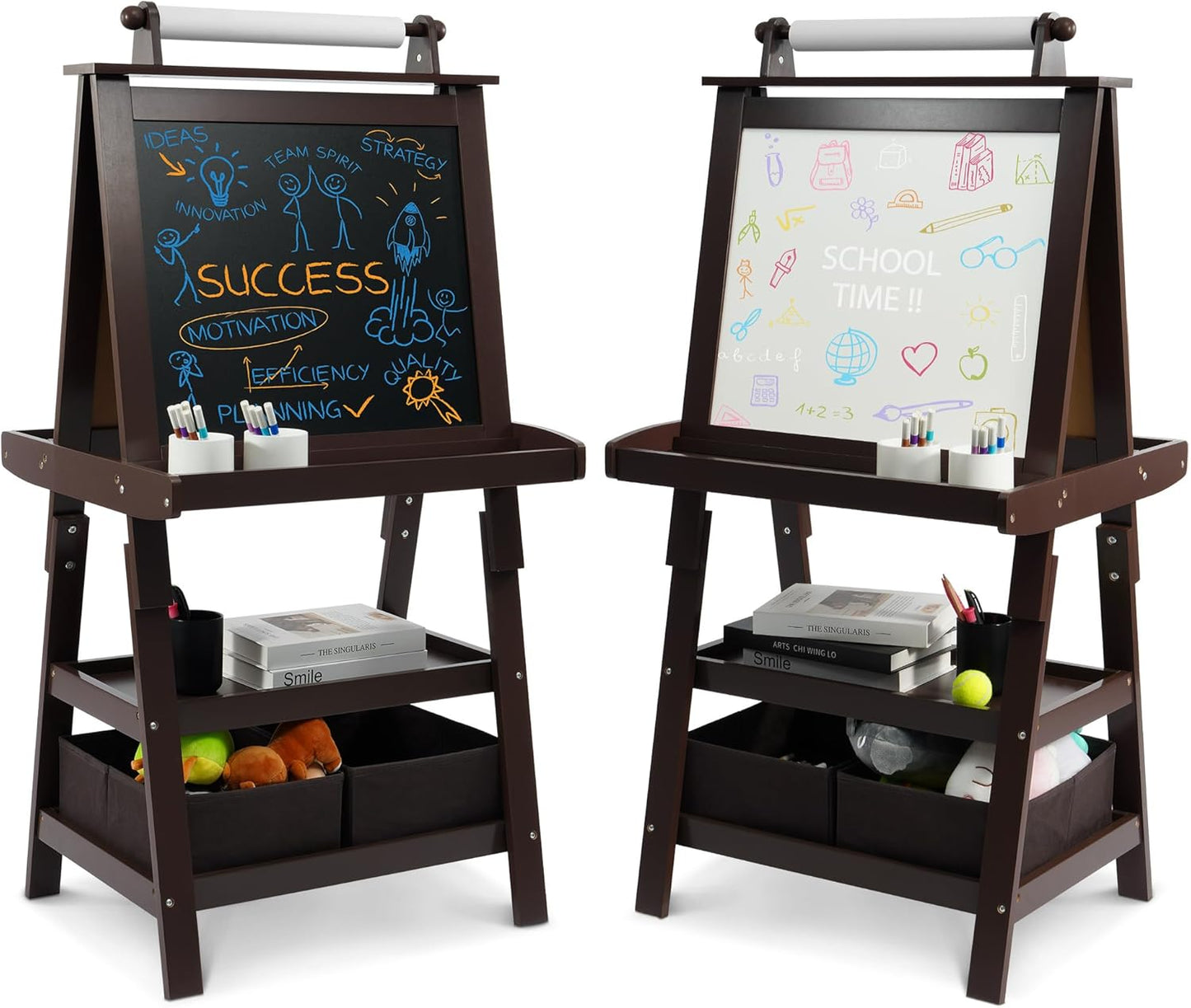 Elevon Art Easel for Kids, 3 in 1 Adjustable Wooden Kids Drawing Easel, Double-Sided Whiteboard, Chalkboard & Paper Roll, 2-Tier Rack with 2 Storage Boxes, Standing Easel for for Painting & Drawing