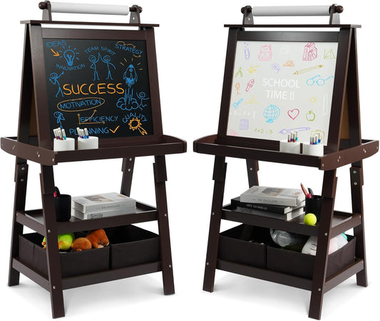 Elevon Art Easel for Kids, 3 in 1 Adjustable Wooden Kids Drawing Easel, Double-Sided Whiteboard, Chalkboard & Paper Roll, 2-Tier Rack with 2 Storage Boxes, Standing Easel for for Painting & Drawing