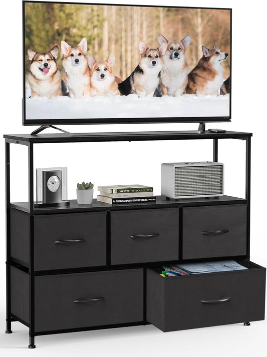 Elevon 5 Fabric Drawer Dresser TV Stand for Bedroom, Entertainment Center for 45 Inch TV with Storage Drawer Unit, Open Shelf, Adjustable Feet, Living Room