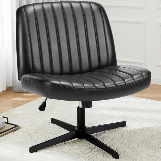 Elevon Cirss Cross Chair Legged Office Wide Comfy Desk Seat, No Wheels Armless Computer Task Seating, Swivel Vanity Home Height Adjustable