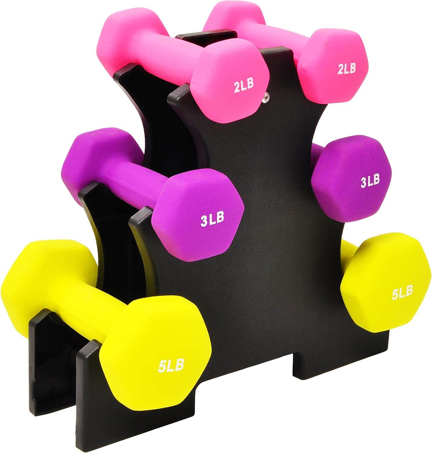 Signature Fitness Neoprene Dumbbell Hand Weights, Anti-Slip, Anti-roll, Hex Shape Colorful, Pair or Set with Stand