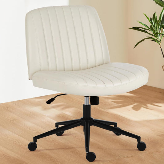 Elevon Criss Cross Chair with Wheels, Cross Legged Office Chair Armless Wide Desk Chair with Dual-Purpose Base, Adjustable Swivel Fabric Task Vanity Home Office Desk Chair, Leather Beige