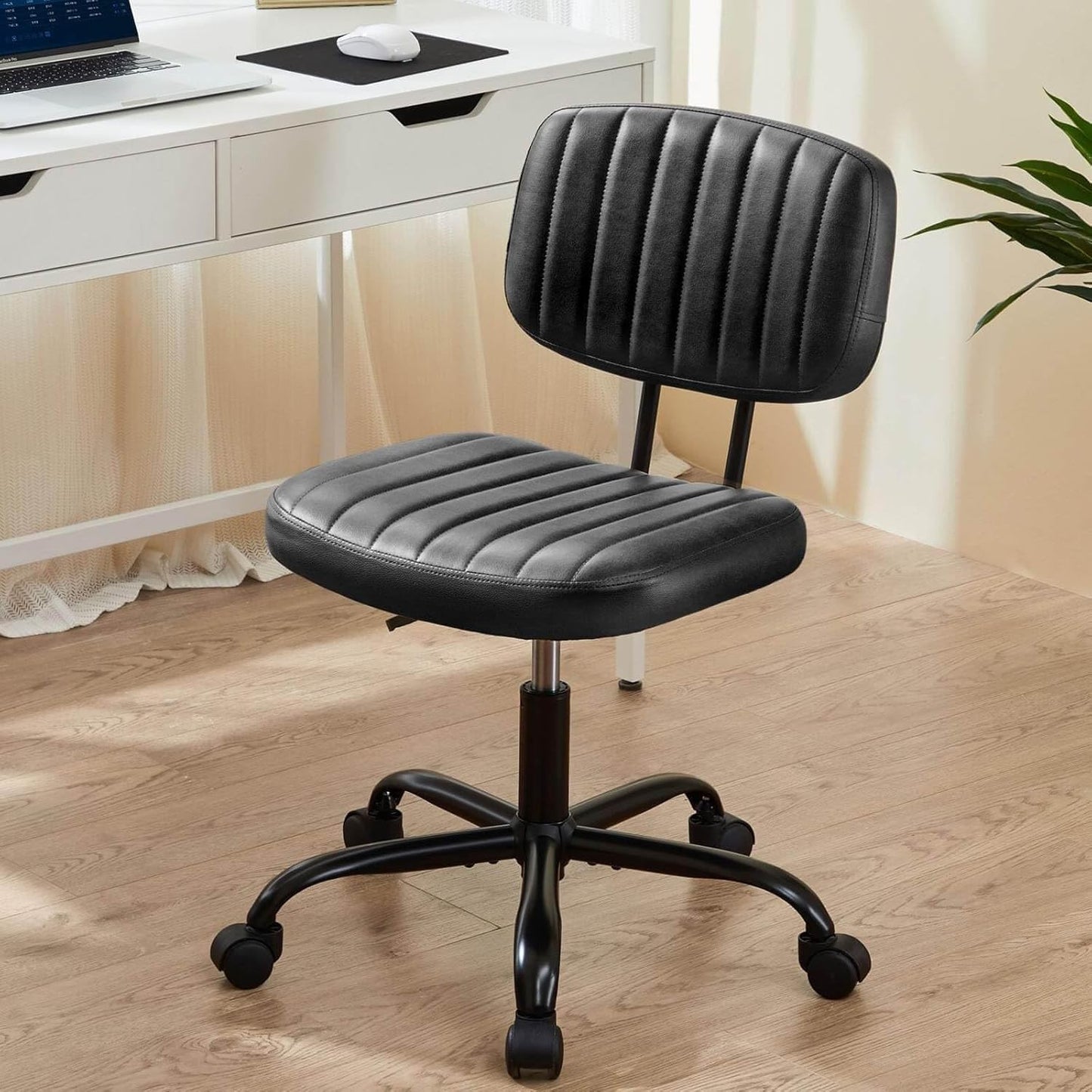Elevon Small Office Computer Desk Chair with Wheels and Lumbar Support, Comfy Cute Armlees PU Leather Vanity Rolling Swuvel Task Chair No Arm for Adult, Student
