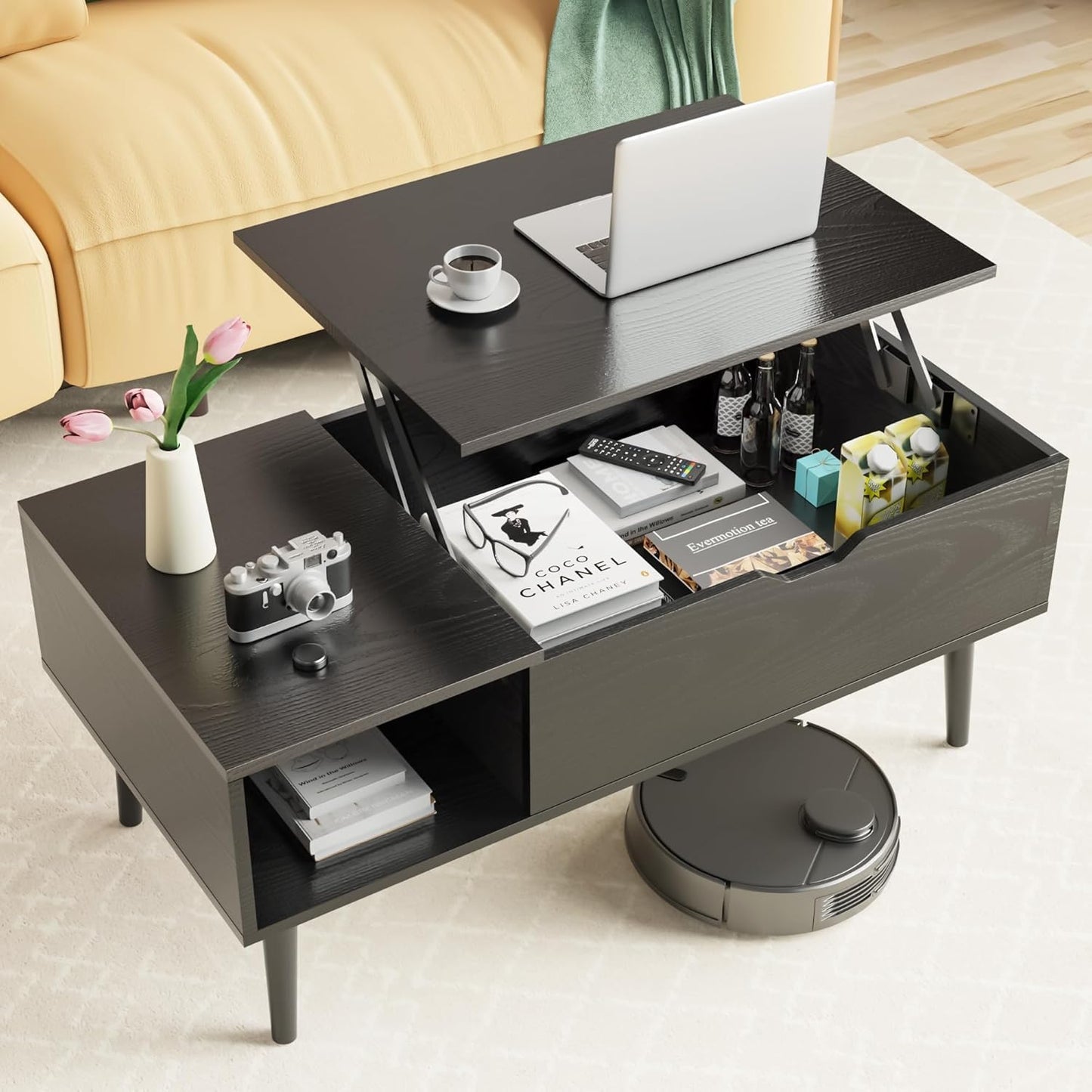 Elevon Coffee Table Rustic Brown, Lift Top Coffee Tables for Living Room, Small Rising Wooden Dining Center Tables with Storage Shelf and Hidden