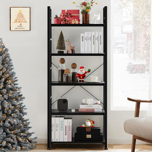 Elevon Book Shelf, 5 Tier Bookcase, Tall Bookshelf Modern Book Case for Books, Garage Kit, CDs, Movies, Industrial Corner Storage Organizer for Bedroom Home Office Kitchen Living Room