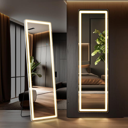 Elevon Full Length Mirror with LED Lights, 60"x16" Floor Mirror with Dimming & 3 Color Lighting, Led Mirrors Full Length with Stand for Bedroom, Dressing Room, Rectangle